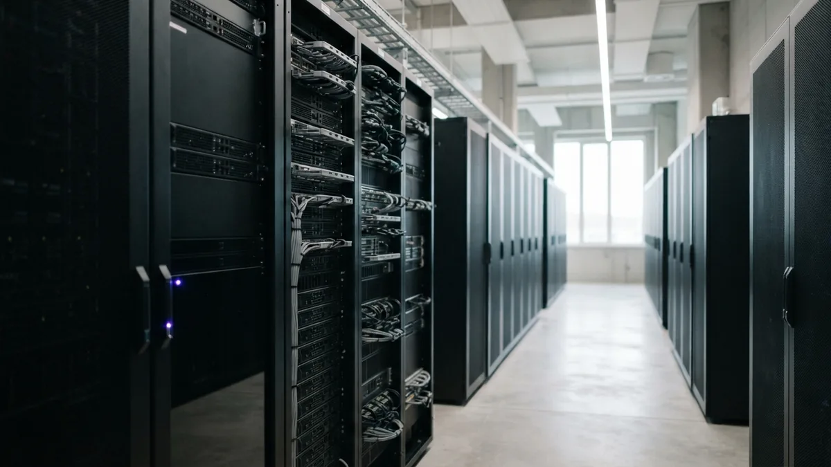 Bright server aisle representing the cloud tools behind a SaaS application