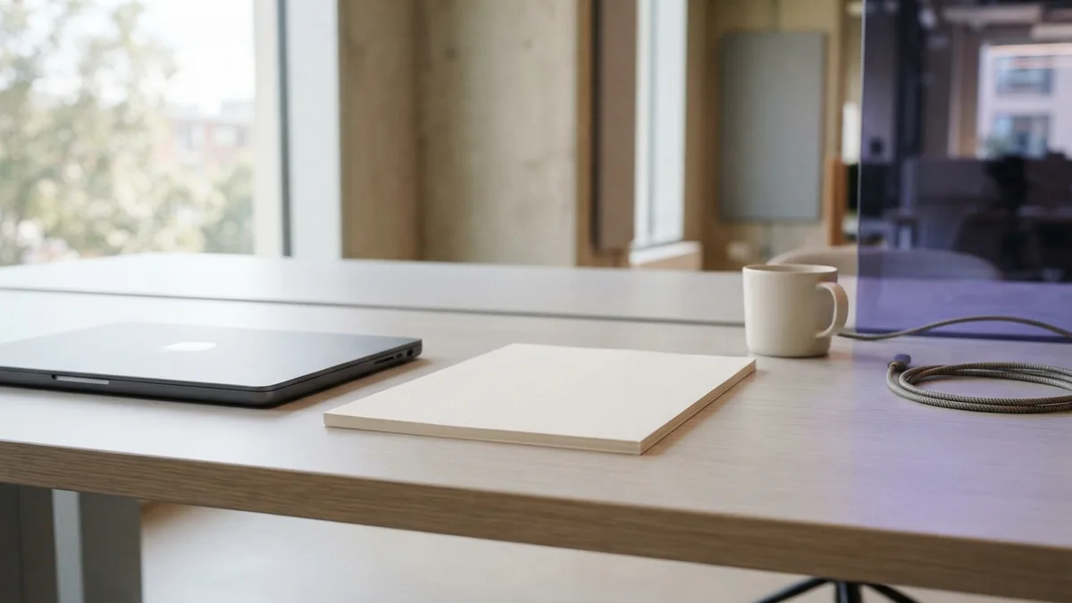 Shape a focused investor pitch A laptop and blank papers on a bright desk evoke a focused startup investor pitch