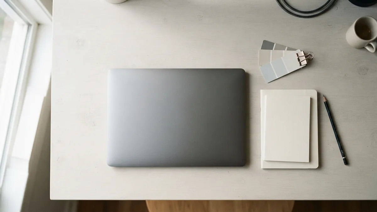 Simple tools for a first design project Blank paper, pencil, color swatches, and laptop arranged for a design project