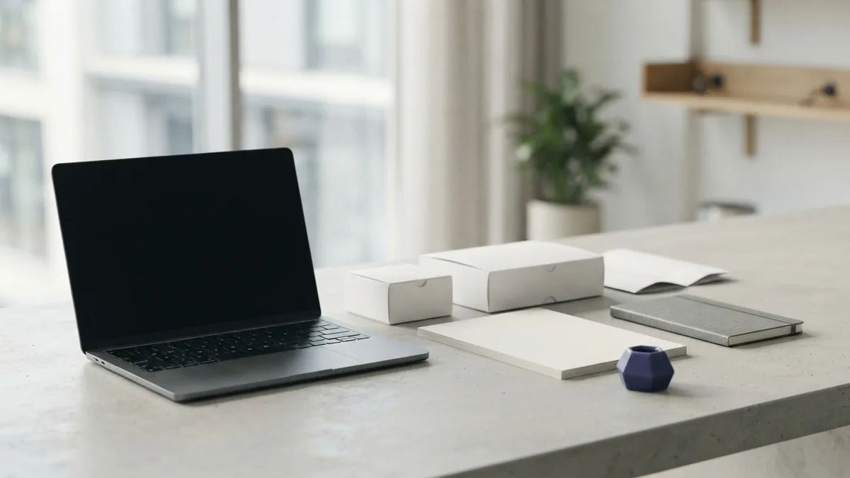 Design work across print and digital formats Laptop and blank paper packaging mockups in a minimal design studio