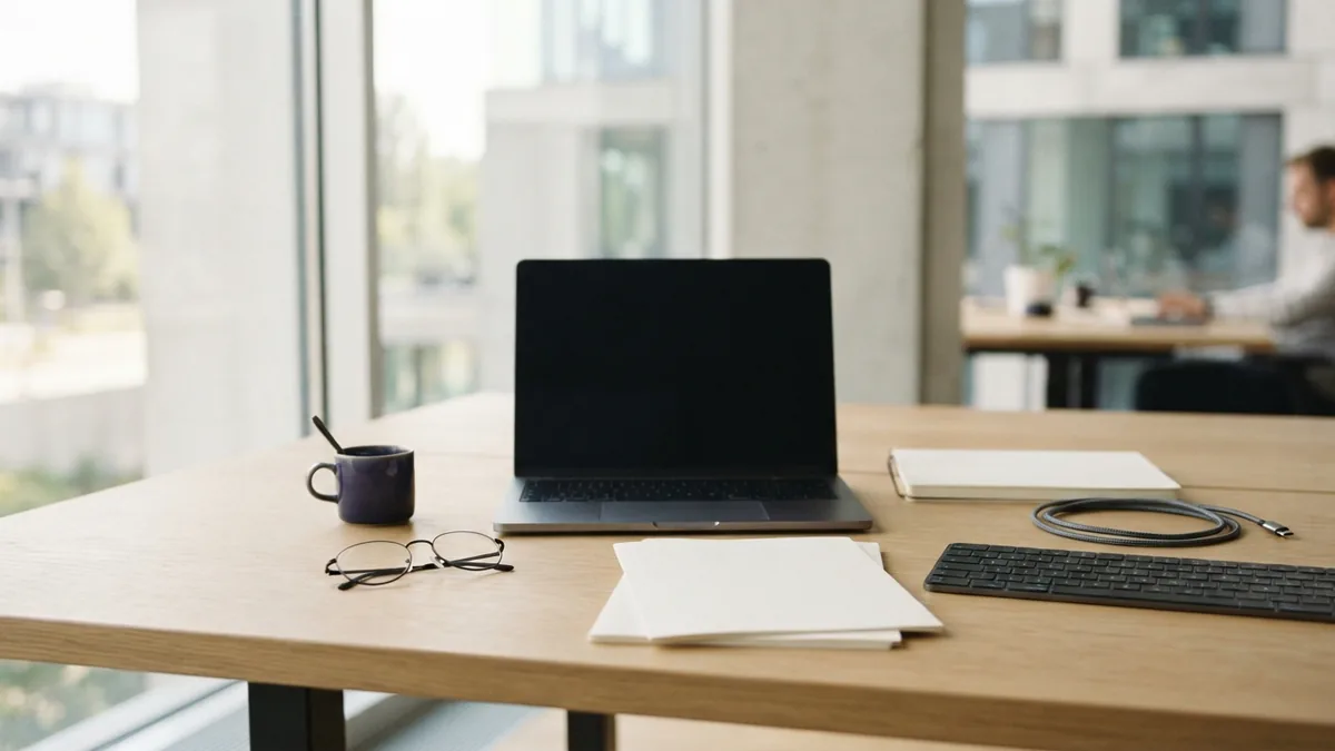 Minimal desk setup with laptop and blank materials for ecommerce website planning