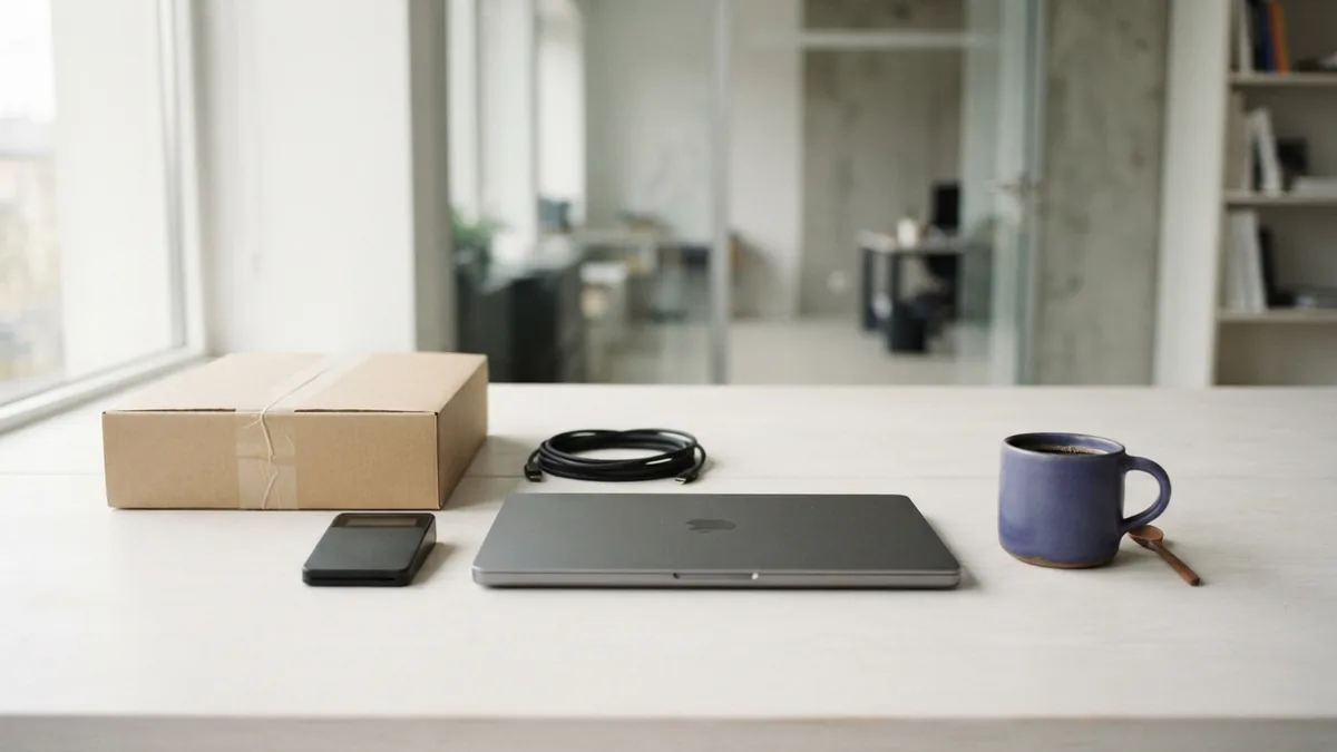 Clean ecommerce packing desk with parcel, laptop, card reader, and cable