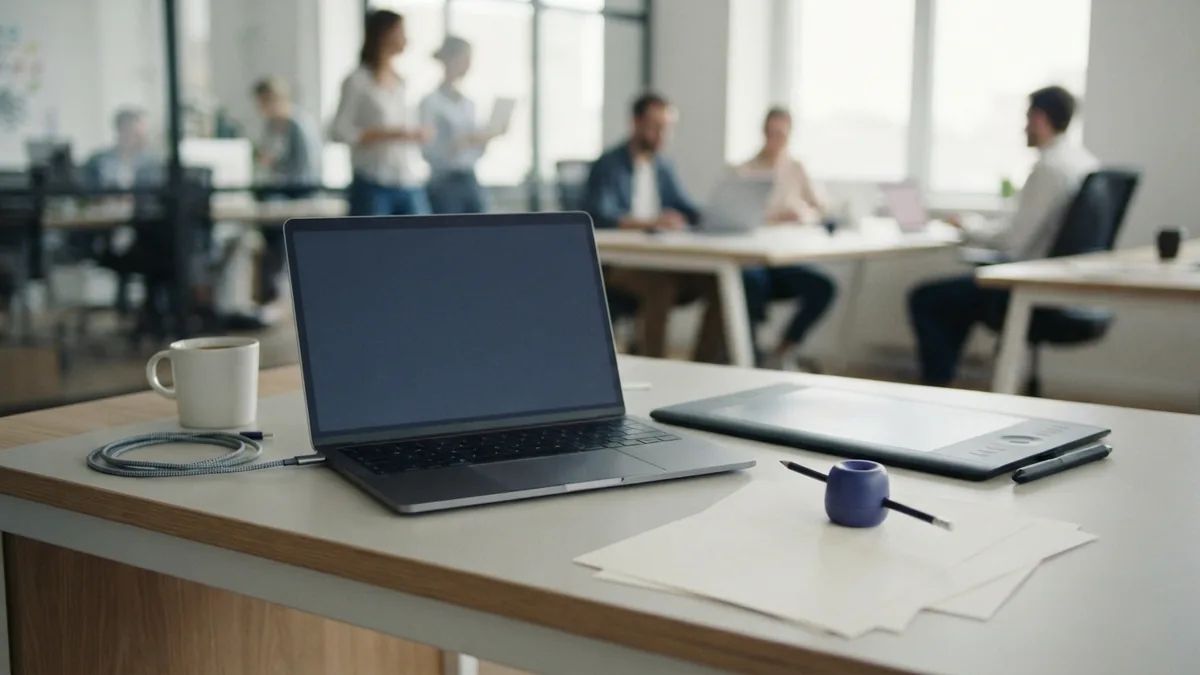 Modern design desk with blank laptop, drawing tablet, paper, and indigo accent