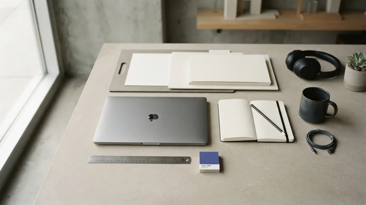 Minimal portfolio planning desk with blank boards and neatly arranged design materials