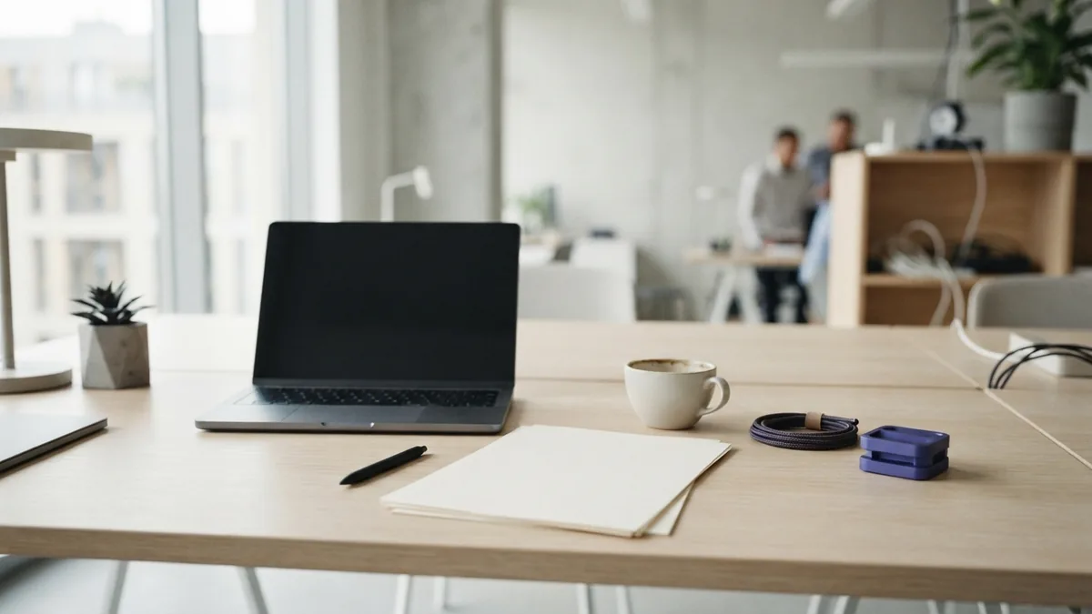 Organizing a freelance design business Organized freelance design business desk with laptop, papers, coffee, and cables