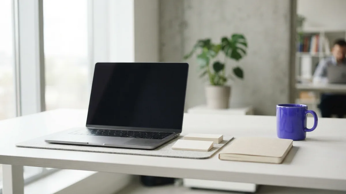 Minimal marketing workspace with blank laptop, notebook, cards, and indigo detail