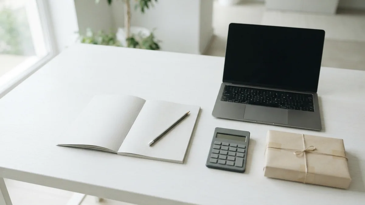 Desk setup with a sample parcel and planning tools for an ecommerce launch