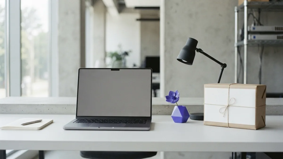 Preparing a workspace for an online store Clean laptop workspace with a parcel for setting up an online store