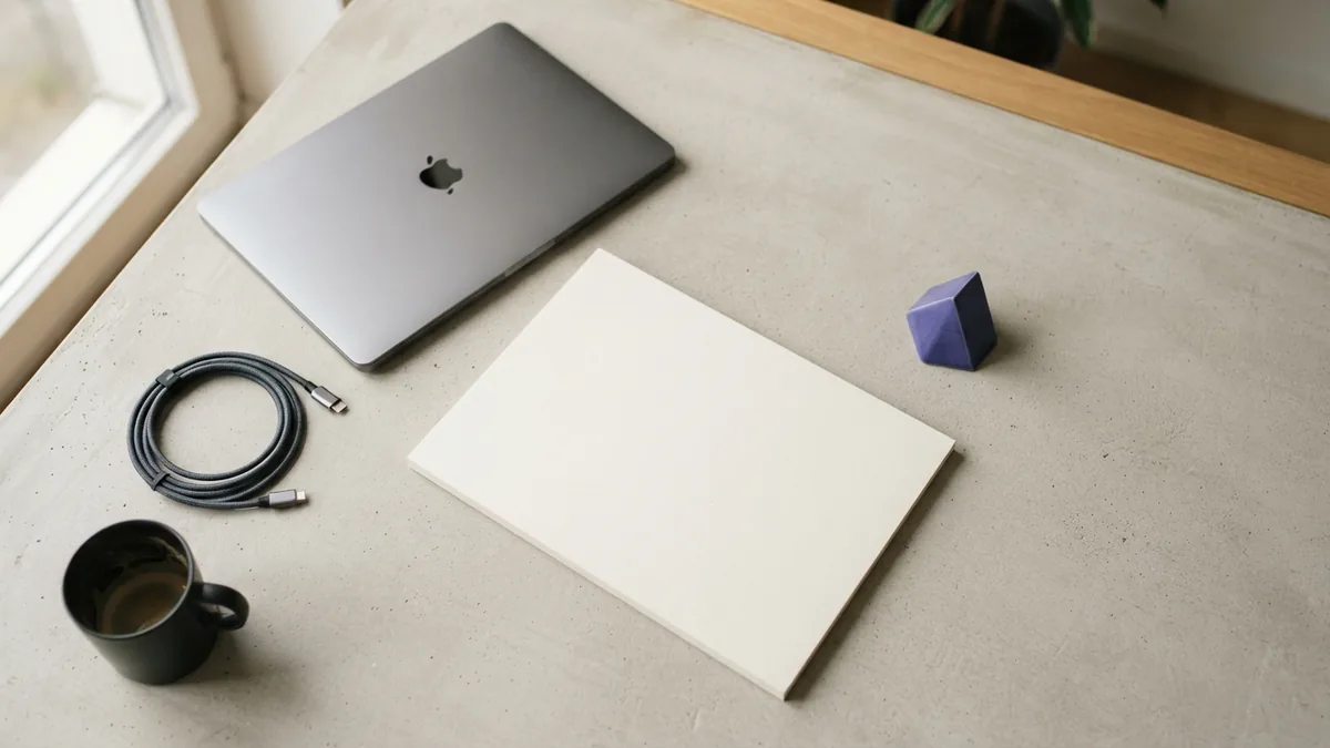 Flat-lay startup planning desk with blank paper and neat technology tools
