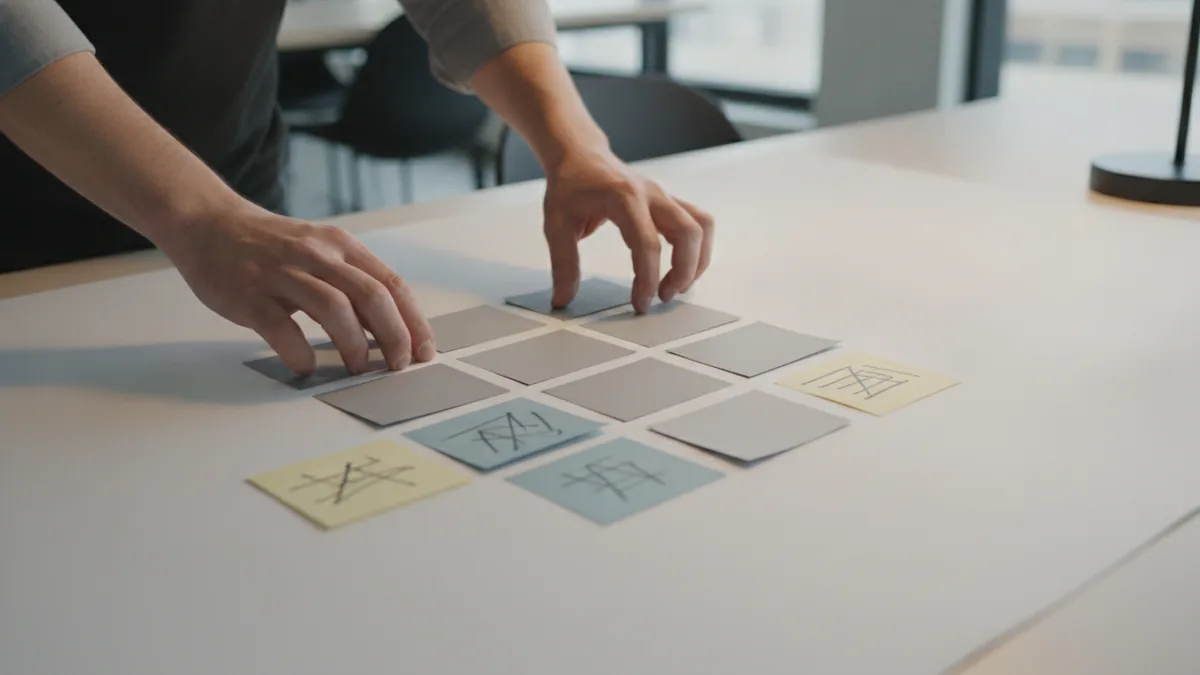 Learning design through drafts Hands comparing rough mockups and notes on a workspace.