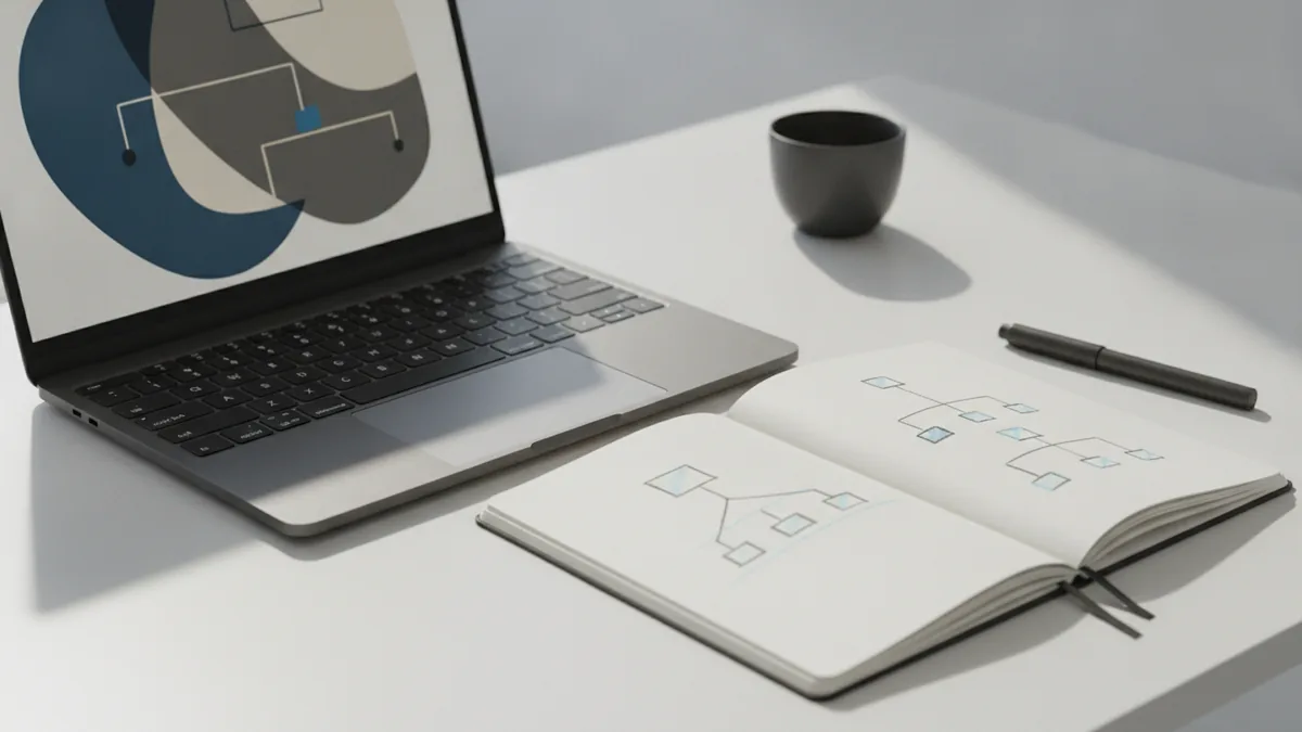 Laptop and notebook with hierarchy sketches for visual decisions.
