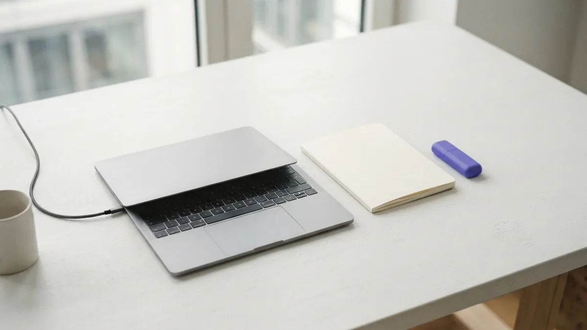 Planning space for a new company A blank notebook and closed laptop arranged on a clean desk for early business planning