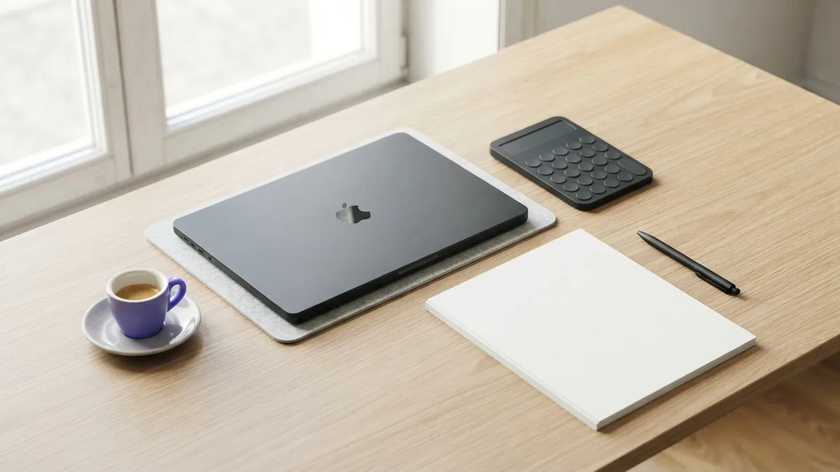 Neutral desk objects arranged for reviewing UI and UX designer salary benchmarks
