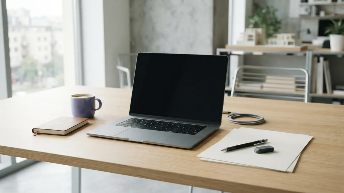 Workspace for UX and UI design roles Clean design workspace with blank paper and a closed laptop for varied UX roles
