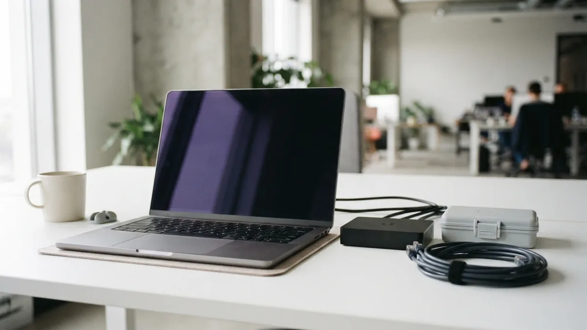 Ecommerce platform planning setup Modern desk with blank laptop and network hardware showing ecommerce platform planning