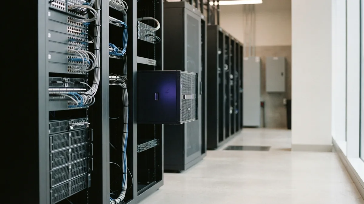 Hosting resources for an online store Clean server aisle showing the infrastructure behind an online store
