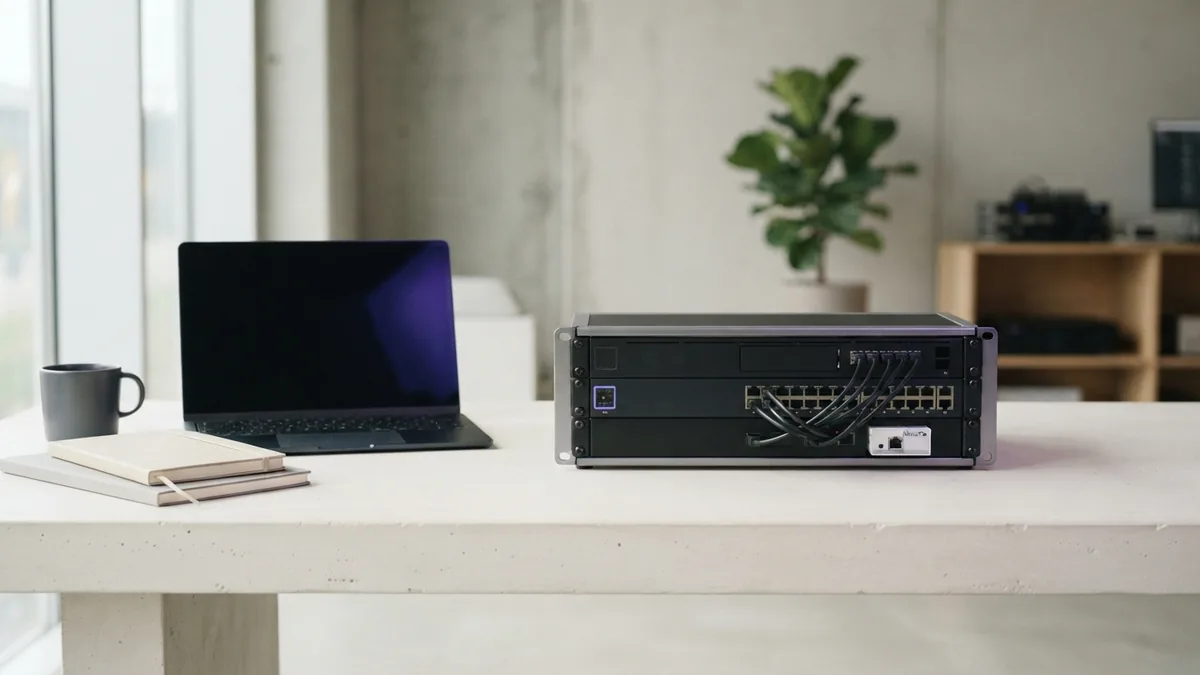 Tools that support store growth Modern network hardware and laptop representing store growth needs