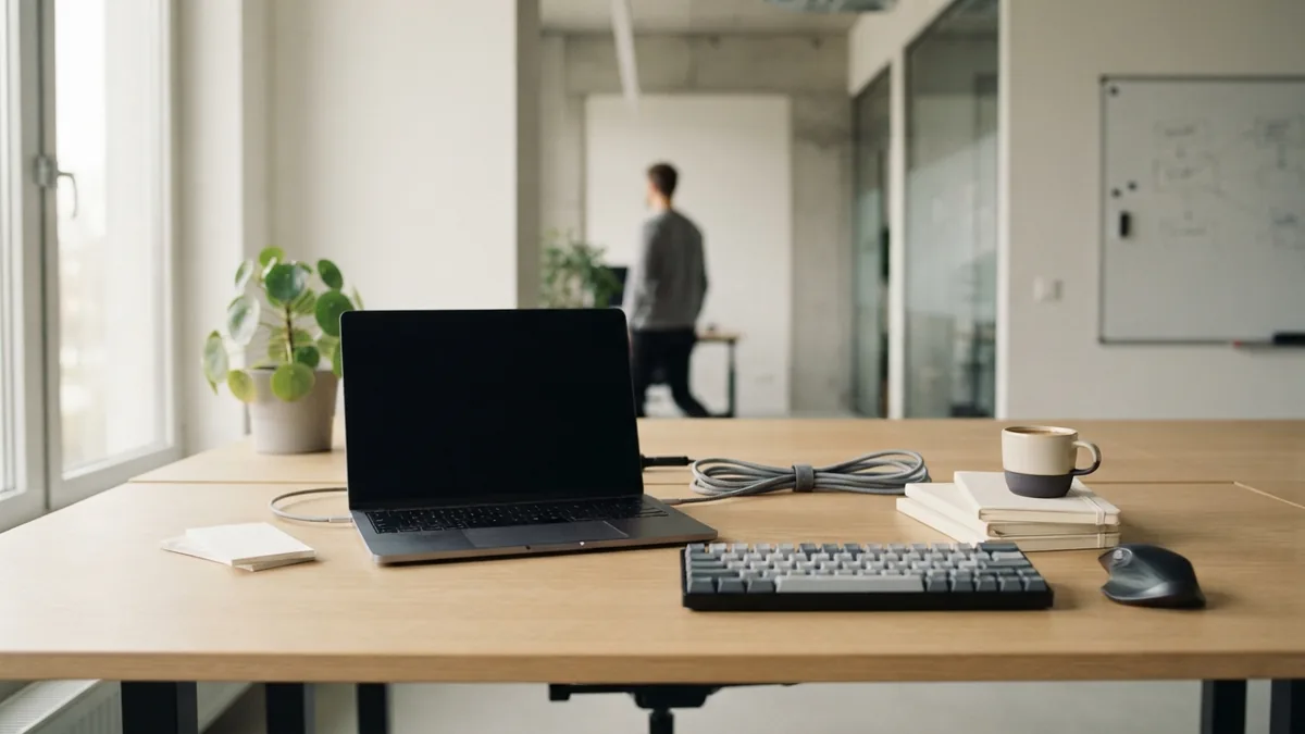 Tidy design desk with blank laptop, keyboard, cables, and neutral materials in soft daylight