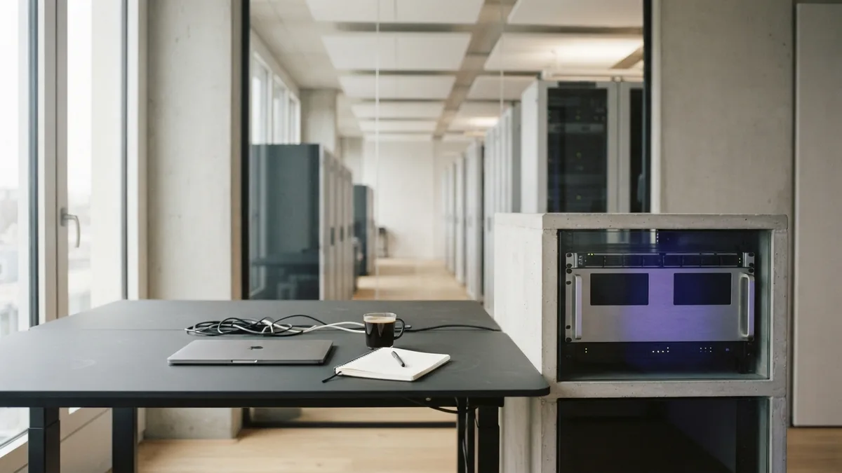 Minimal server aisle and workstation showing calm planning for future design storage needs