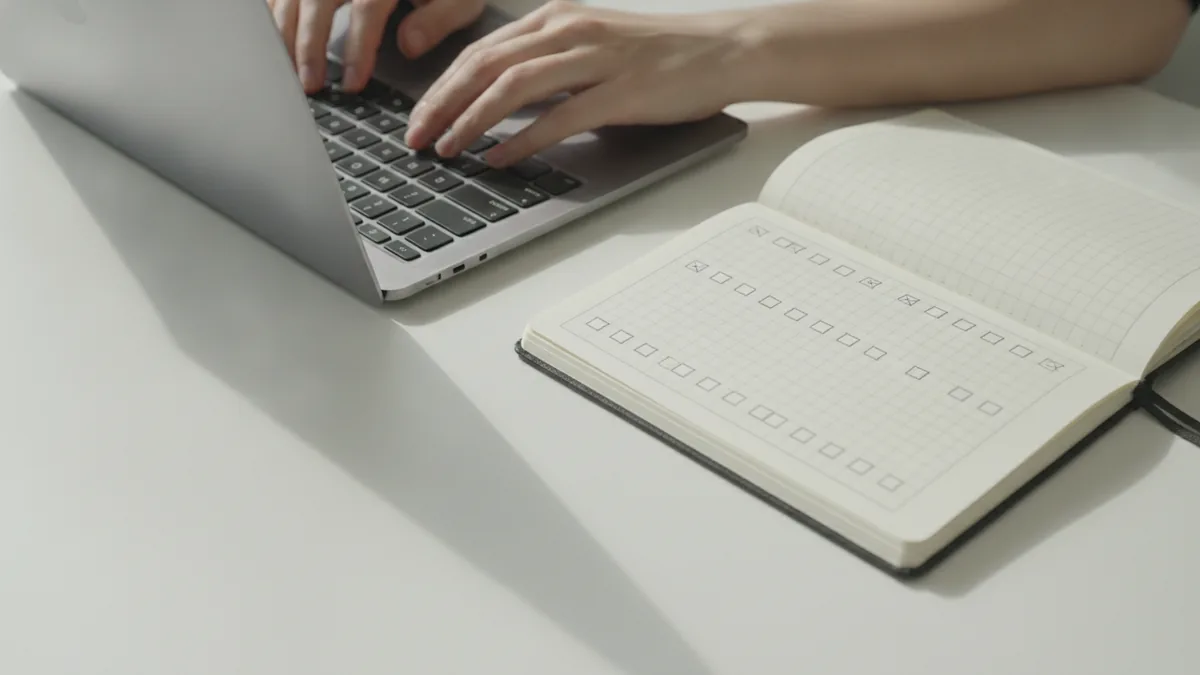 Hands preparing a checklist while configuring an online store