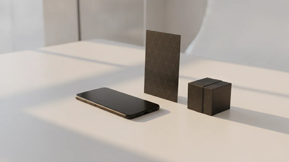 Phone and product items arranged like a mini storefront display