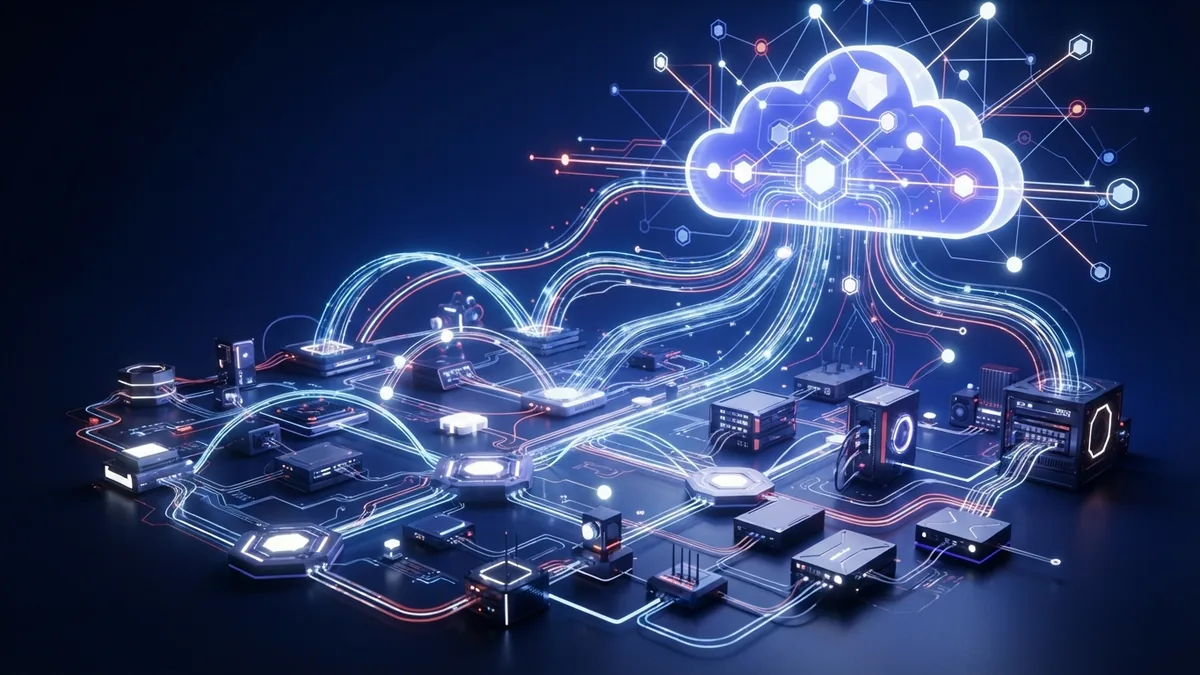 Emerging AI technology trends Emerging AI technology with cloud systems, edge devices, and connected data