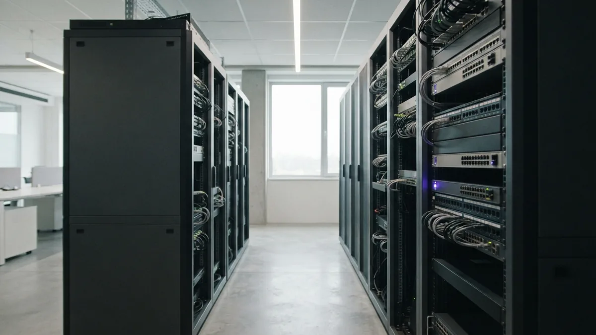 Clean technology setup for online store tools Clean server aisle and network hardware in a bright modern technology workspace