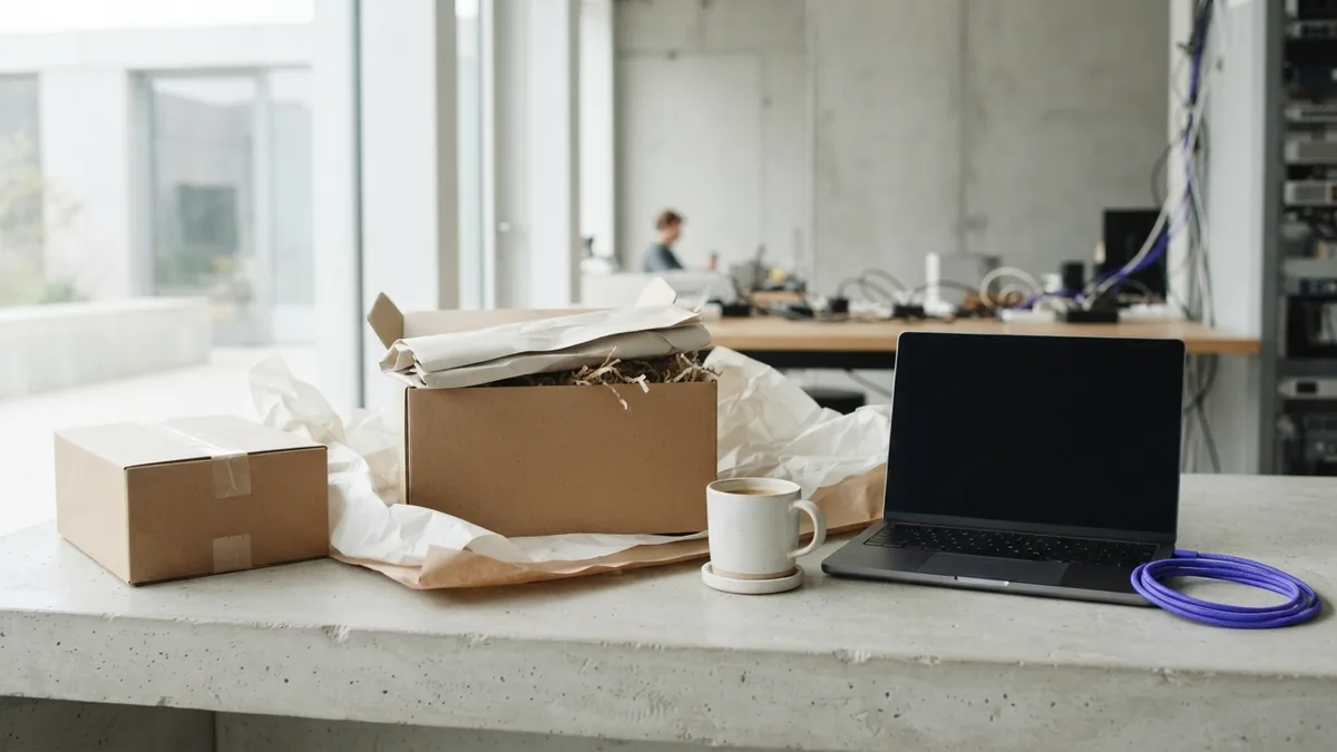 Tidy ecommerce packing setup with plain boxes and a blank device on a pale desk