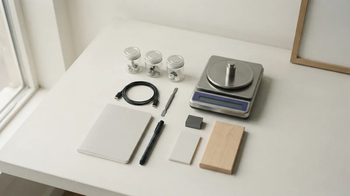 Grams and kilograms workspace Flat-lay workspace with scales and containers representing grams and kilograms