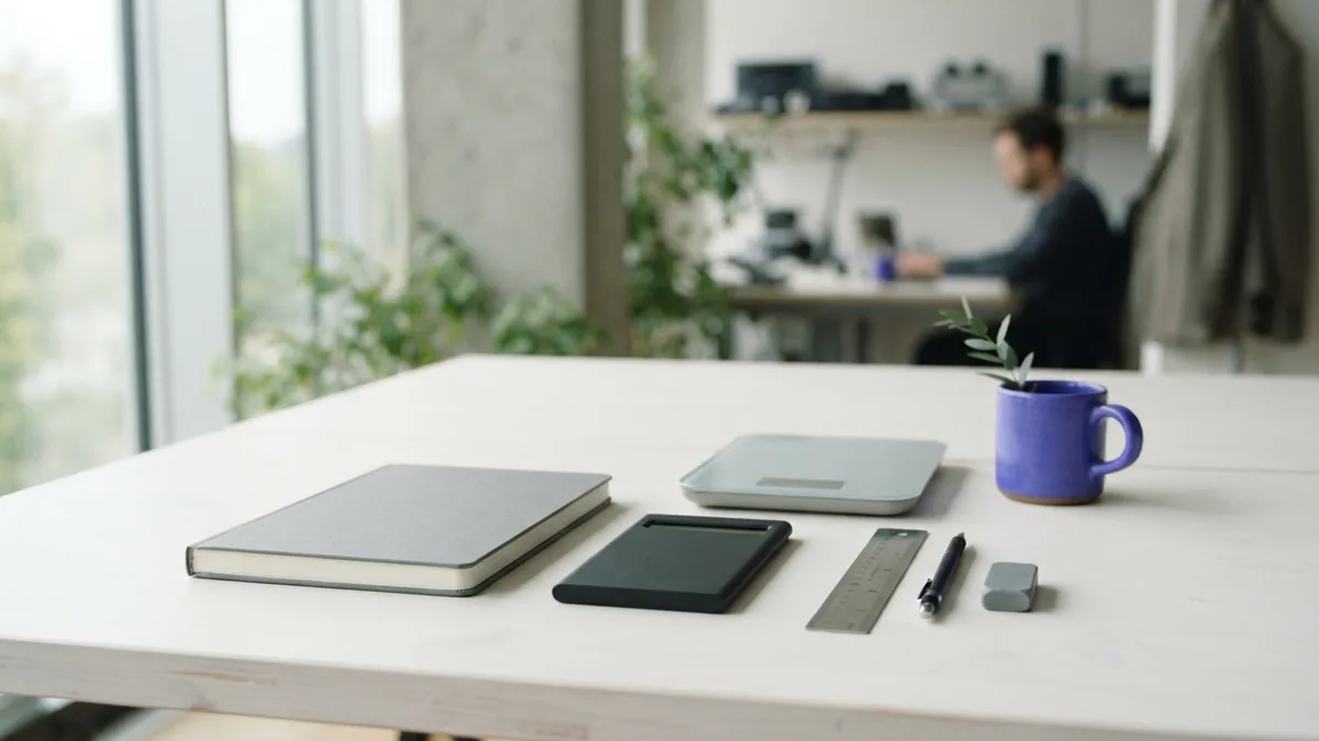Clean desk with scale and tools for learning a mass conversion formula