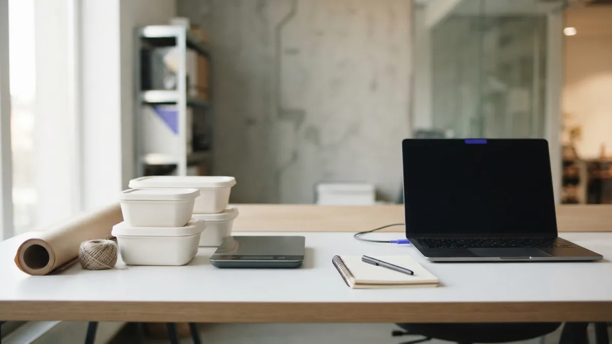 Workspace with scale, food containers, and packing supplies for practical conversions
