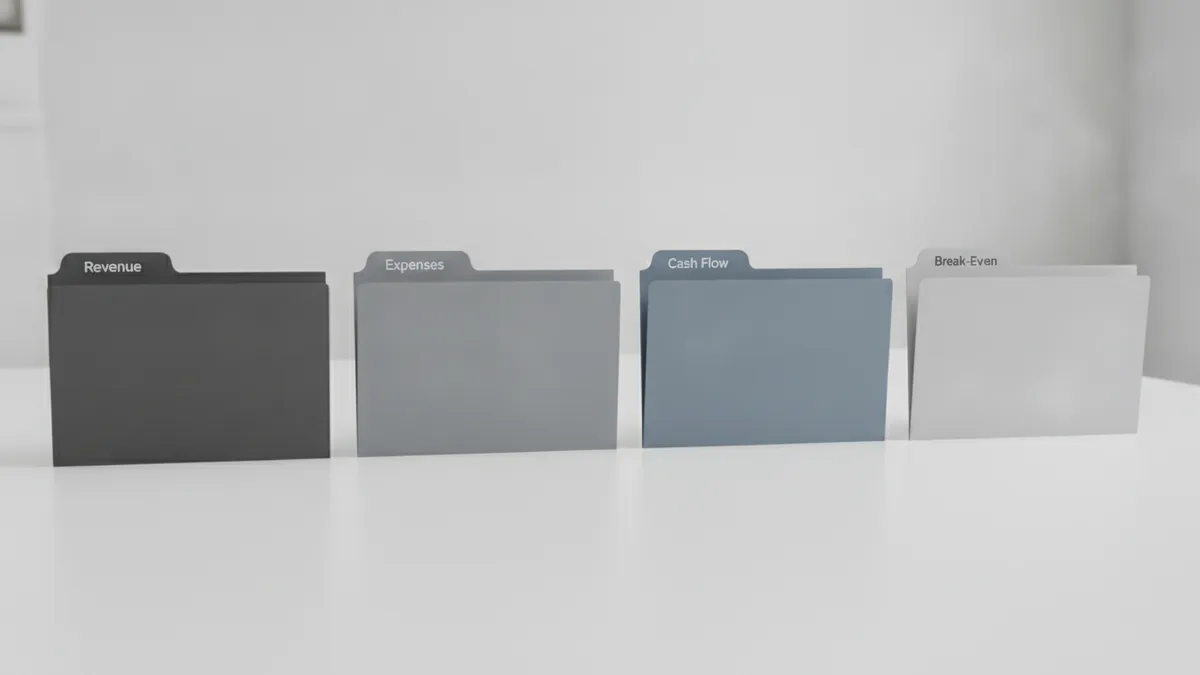 Core projection blocks Structured folders for revenue, expenses, cash flow, and break-even planning
