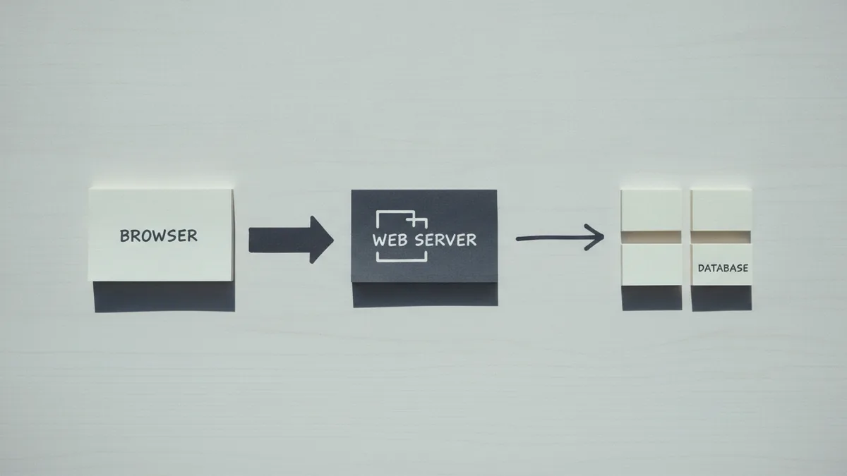 Web app overview map Sticky notes mapping how a web app works from browser to server