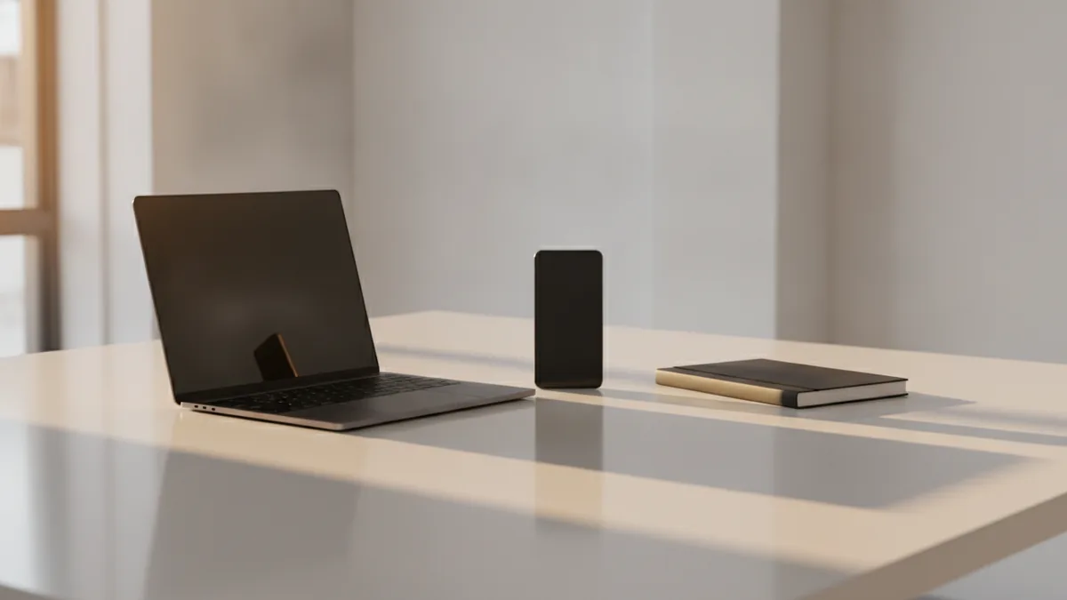 Desk setup showing evaluation across devices for a SaaS decision