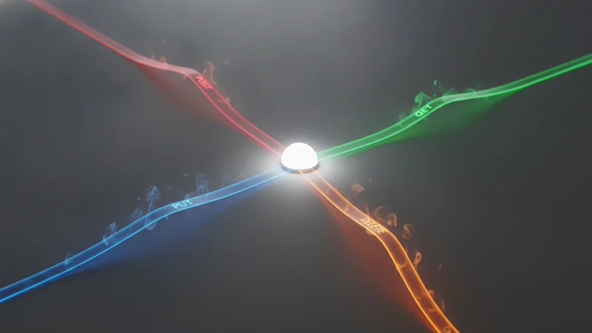 GET, POST, PUT, DELETE Light trails converging into a hub symbolizing HTTP methods