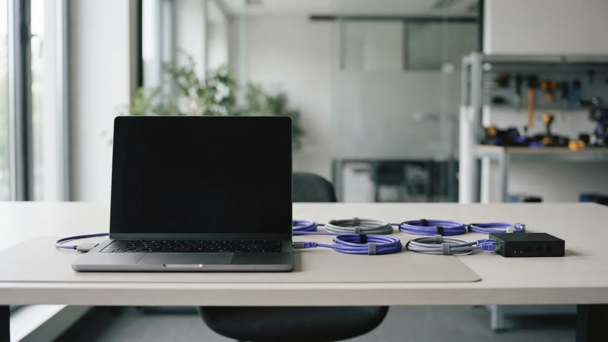 Blank laptop and network hardware arranged to show client and server communication