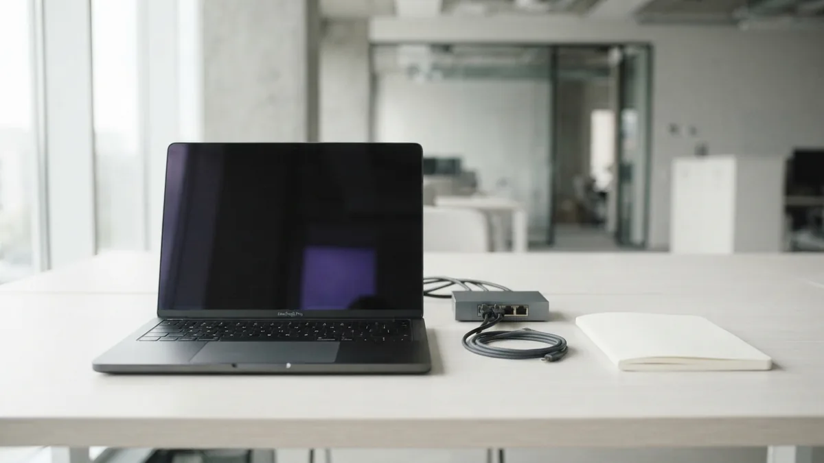Minimal retail analytics workspace Clean analytics workspace with blank laptop, network hardware, and subtle violet reflection