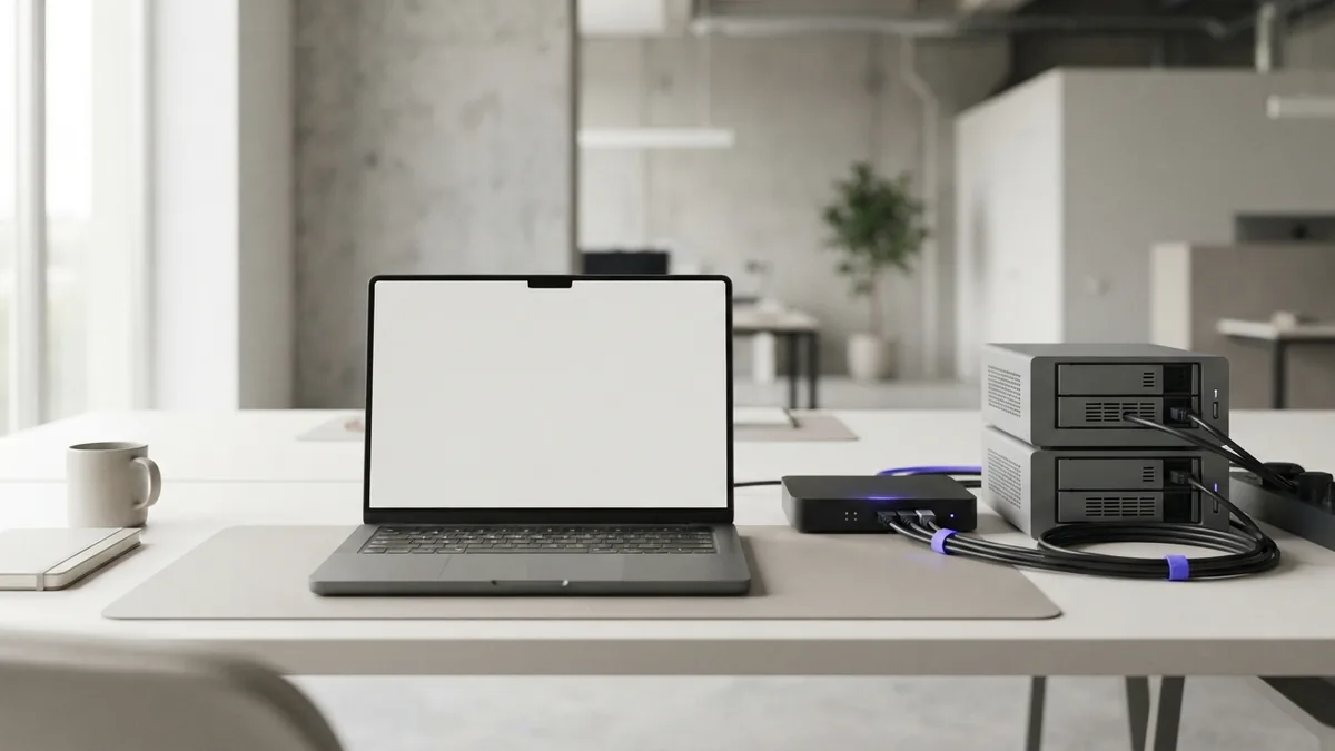 Full stack development spans many layers Layered workstation with laptop and network hardware for full stack work