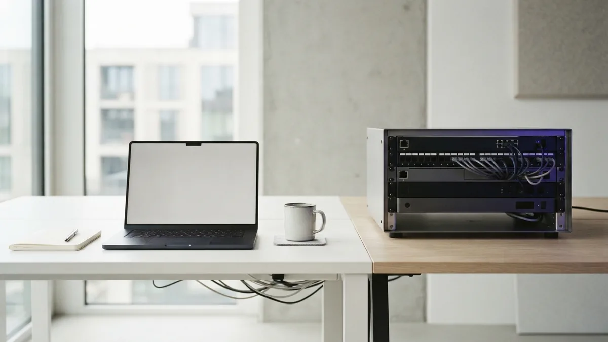 Comparing broad and specialized software work Laptop and server hardware arranged to show different software roles