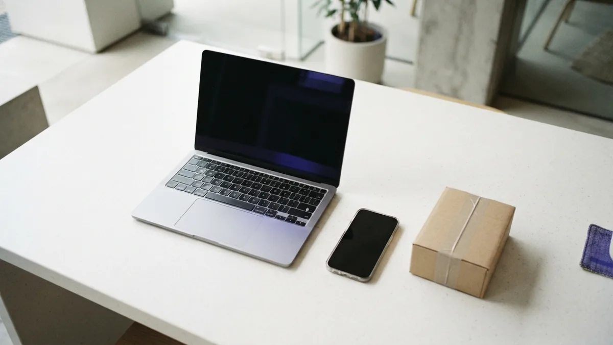 Devices and parcel on a clean desk Laptop, phone, and parcel arranged on a desk to reflect online retail growth