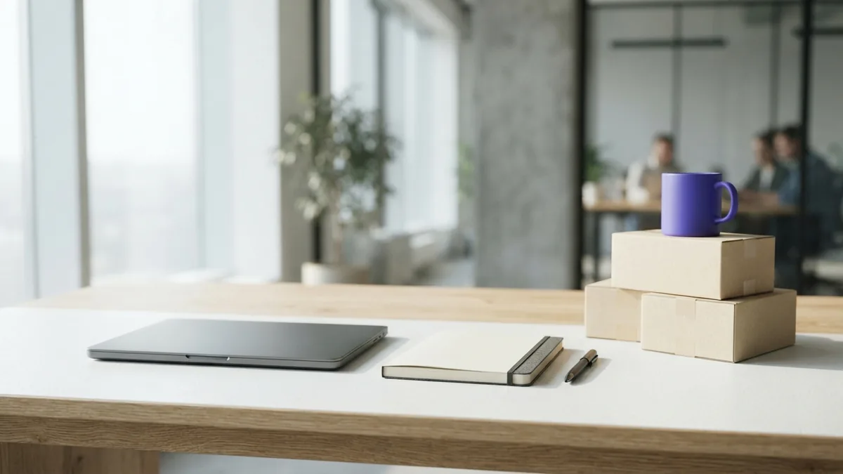 A workspace for online business Neat work surface with parcels and laptop, showing tools for a small online business