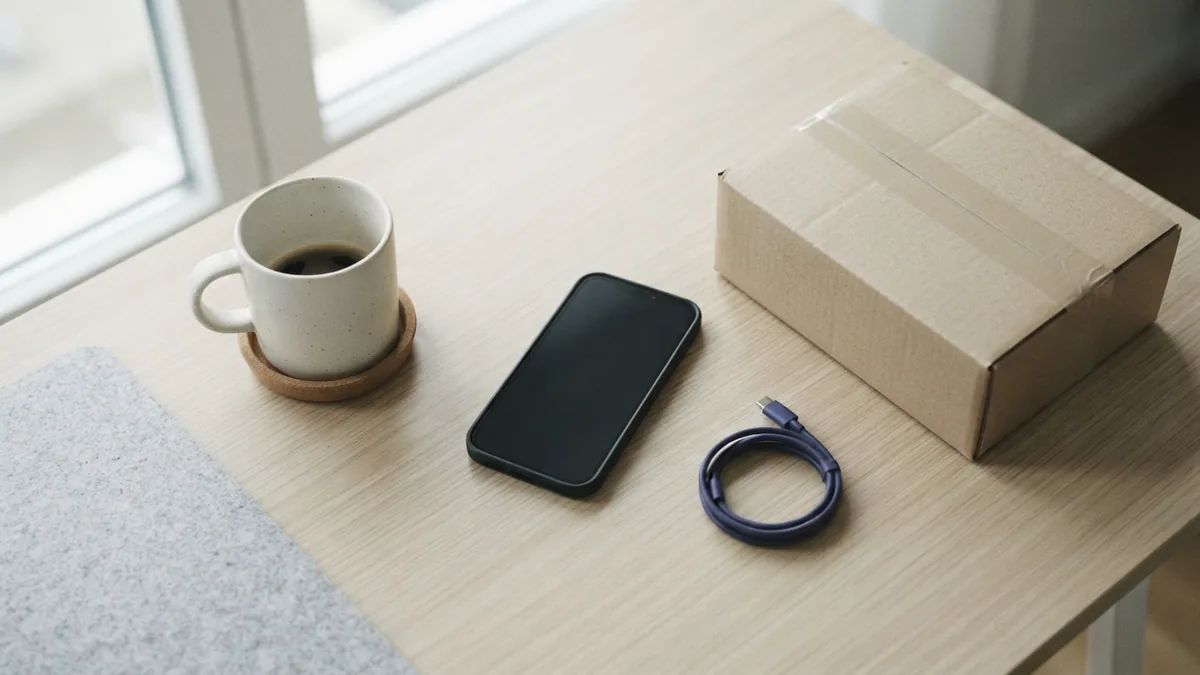 Phone and parcel on a bright tabletop, evoking convenient online shopping