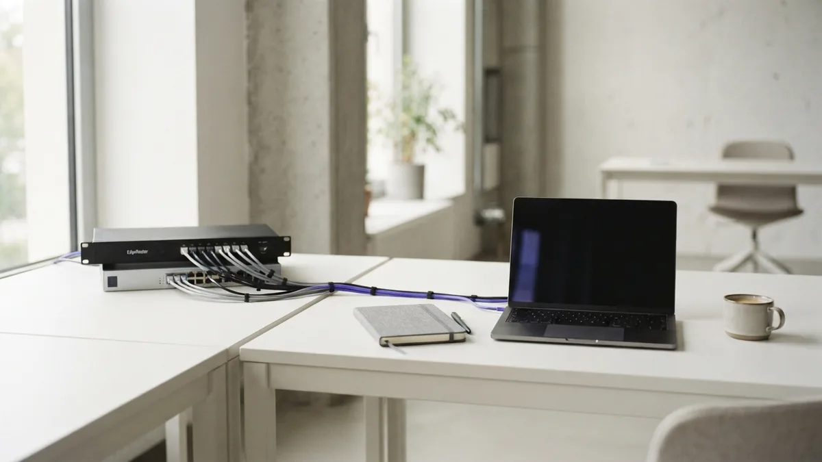 Minimal ecommerce technology workspace with network hardware and a closed laptop