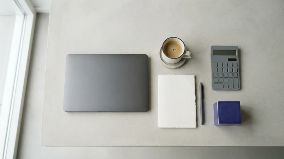 Planning ecommerce costs Tidy ecommerce budget workspace with laptop, blank paper, coffee, and calculator