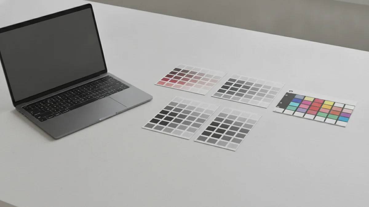 Printed color samples next to a reference card for consistency