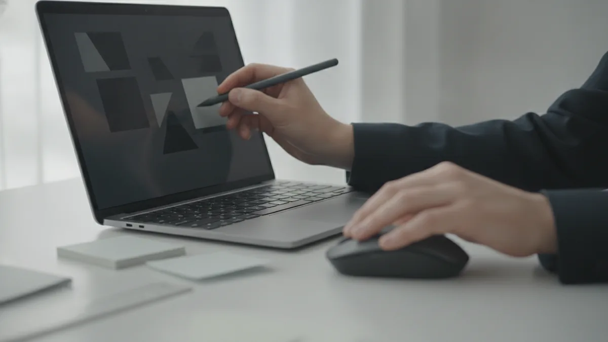 Hands aligning elements on a laptop in a design workflow