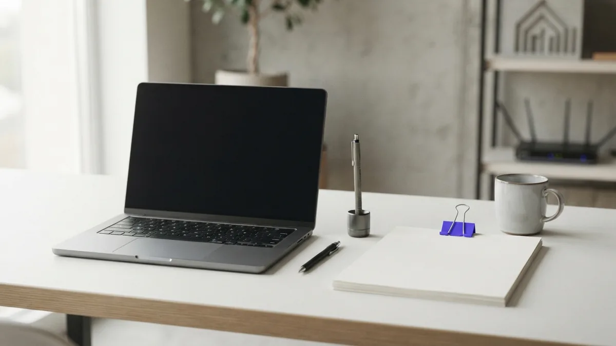 Clean digital design desk showing tools and a quiet workspace for creative work