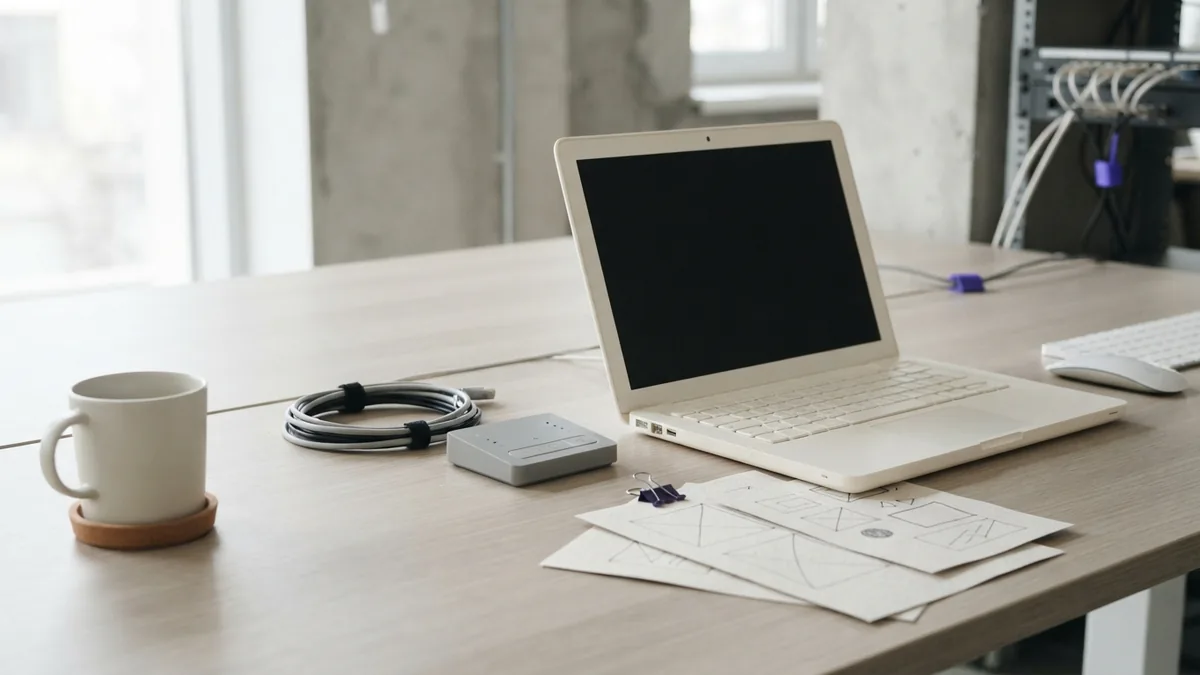 Minimal desk with blank laptop and organized tools for no-code web design