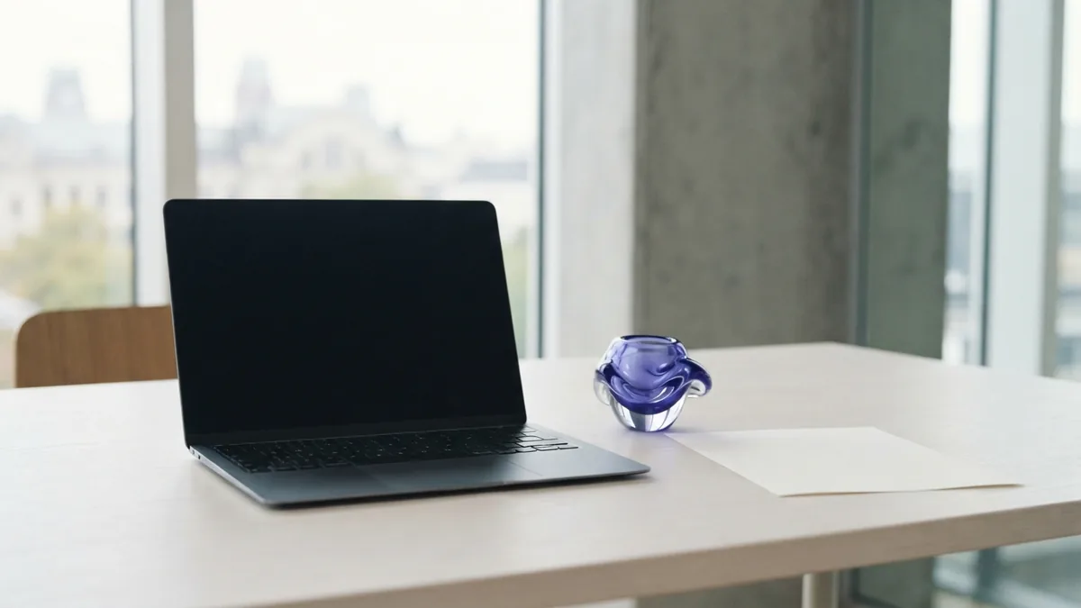Closed laptop and simple desk objects representing AI as a tool for developers