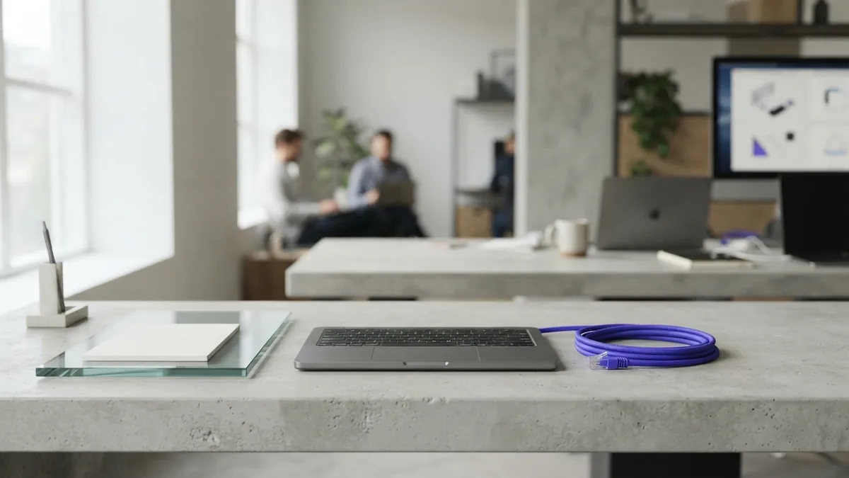 A workspace that suggests connected web systems Laptop, network cable, and glass surface representing connected front-end and back-end work